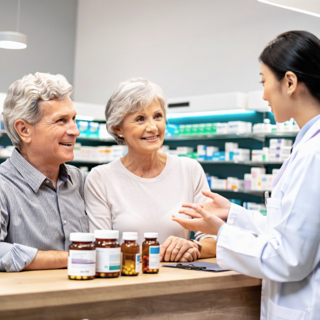 Older couple at pharmacy in Edmonton ab.