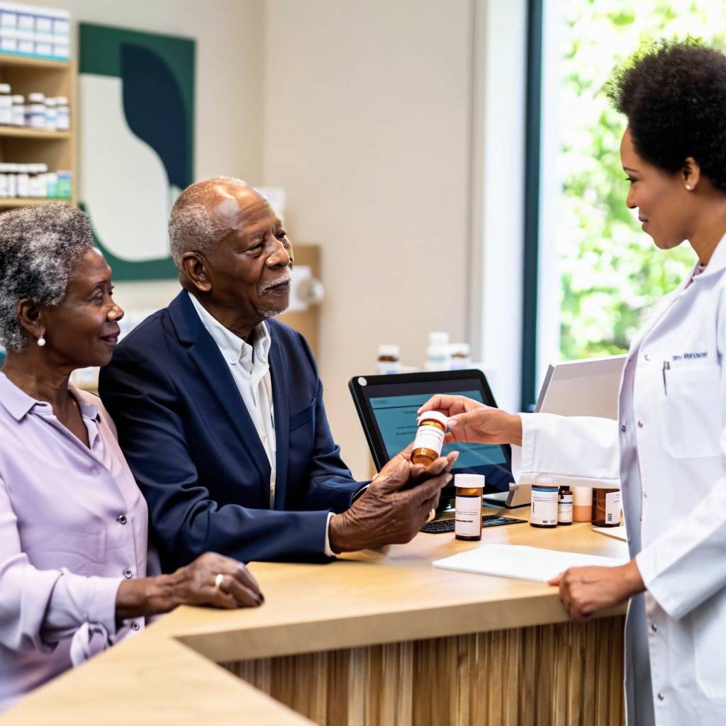African couple at pharmacist in terrace heights