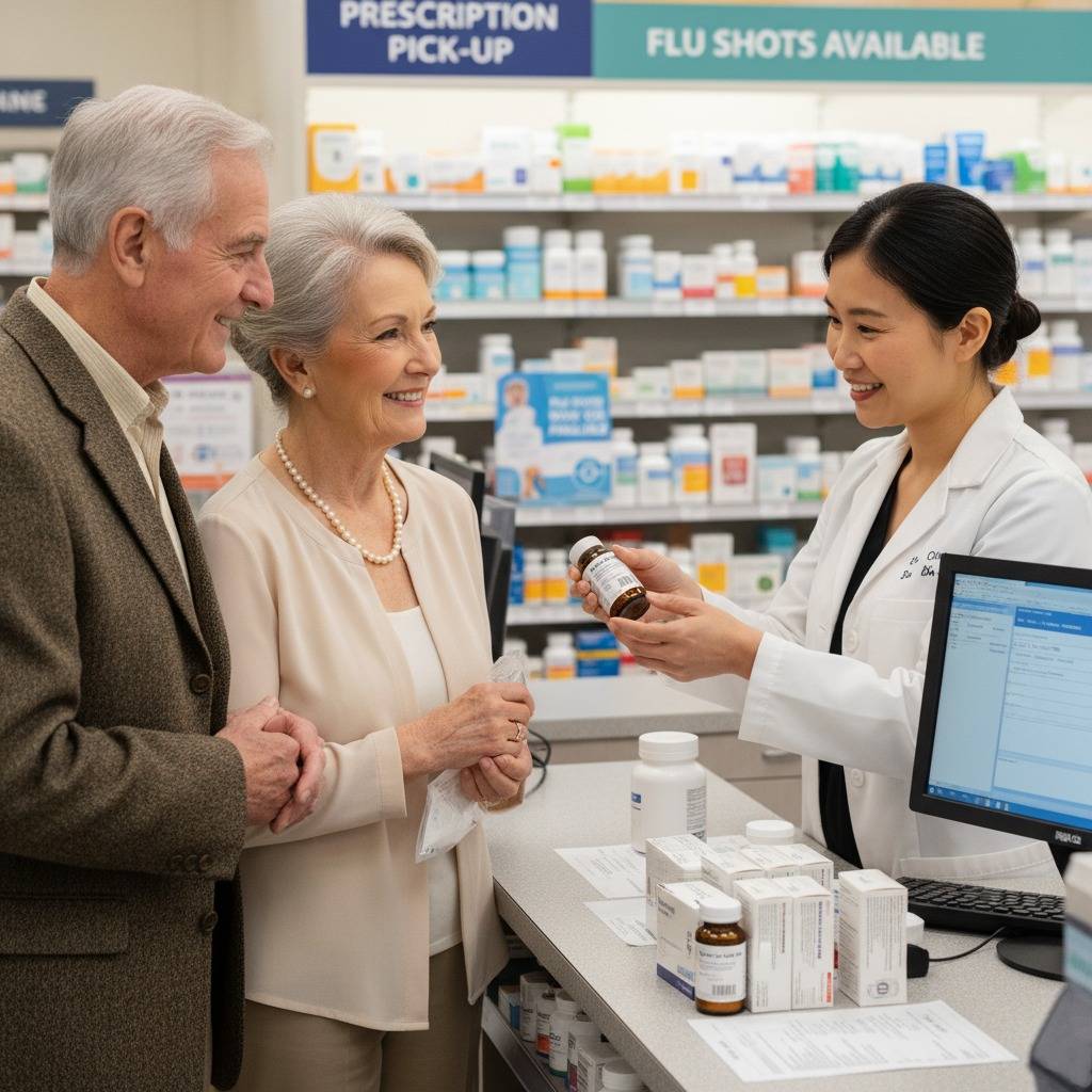 Older couple talking to pharmacist in terrace heights