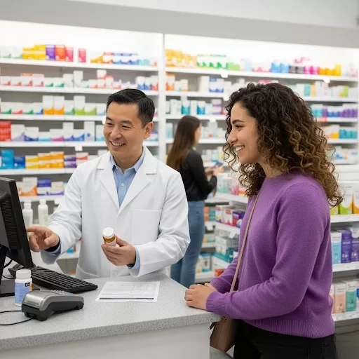 Person getting helped at customer at pharmacy in MediCan, Edmonton, AB